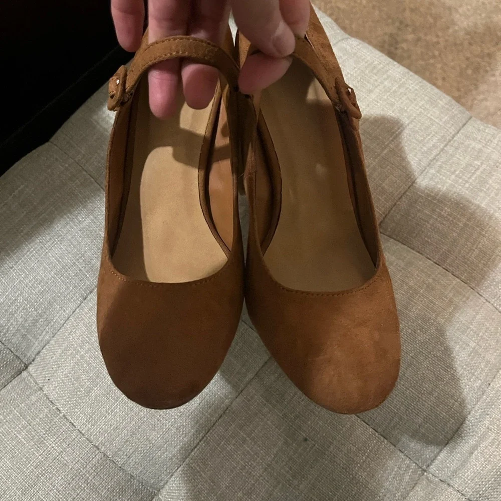 BAMBOO Caramel Heeled Faux Suede Shoes